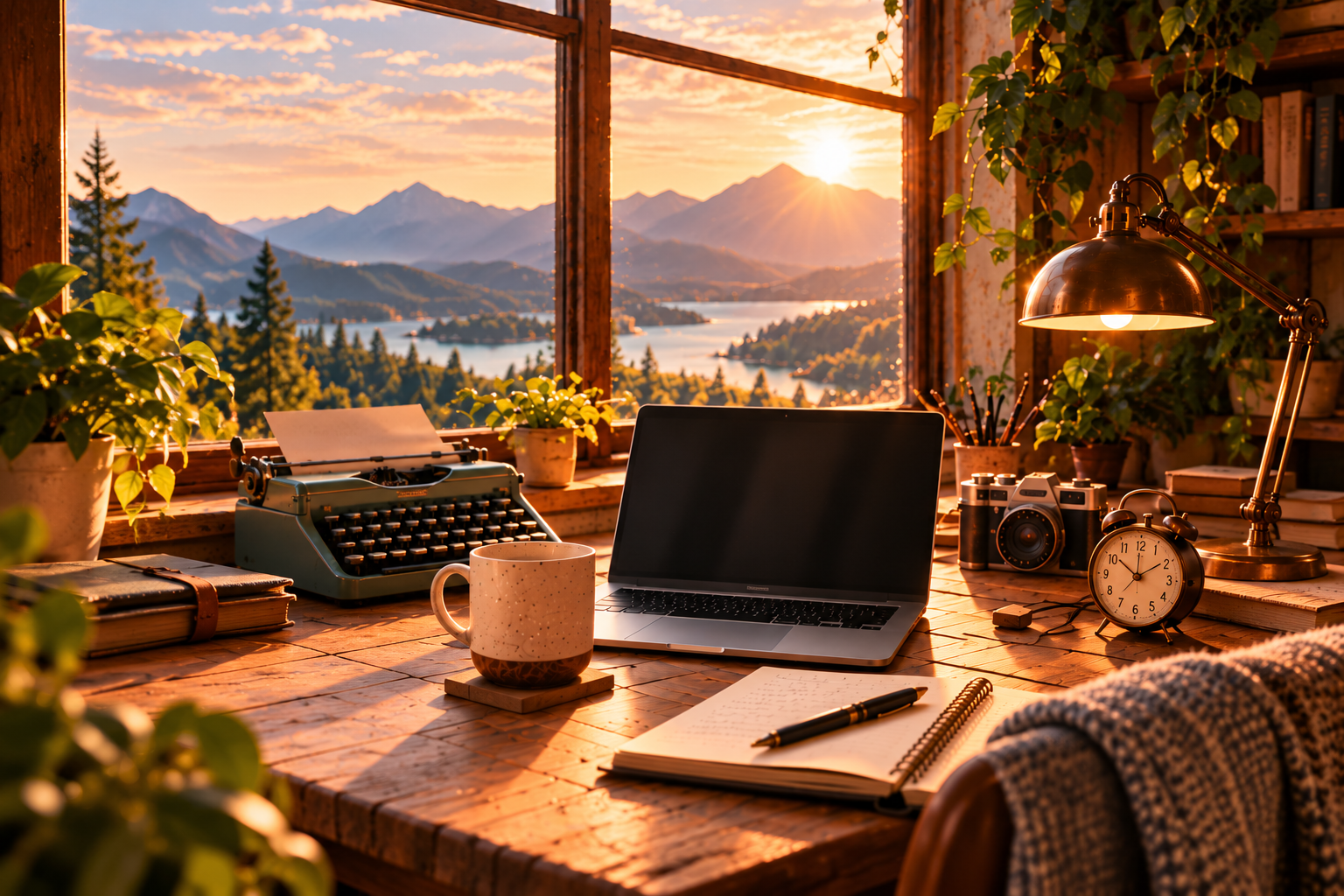 A warm, calm creative workspace with notebooks and coffee where the planning day takes place